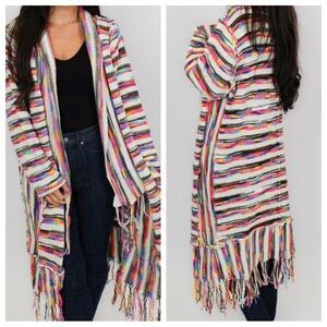 POL Colorful Striped Fringe Cardigan